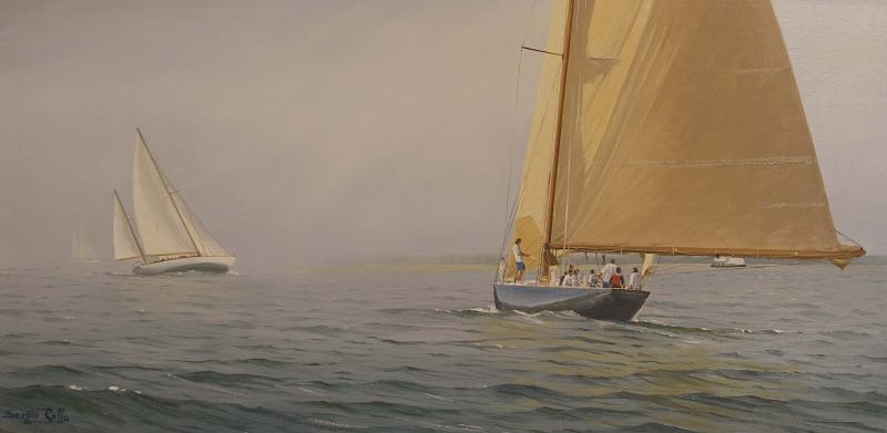 Sailing in Fog, Opera House Cup, oil on canvas, 12 x 24 inches, $7,000 