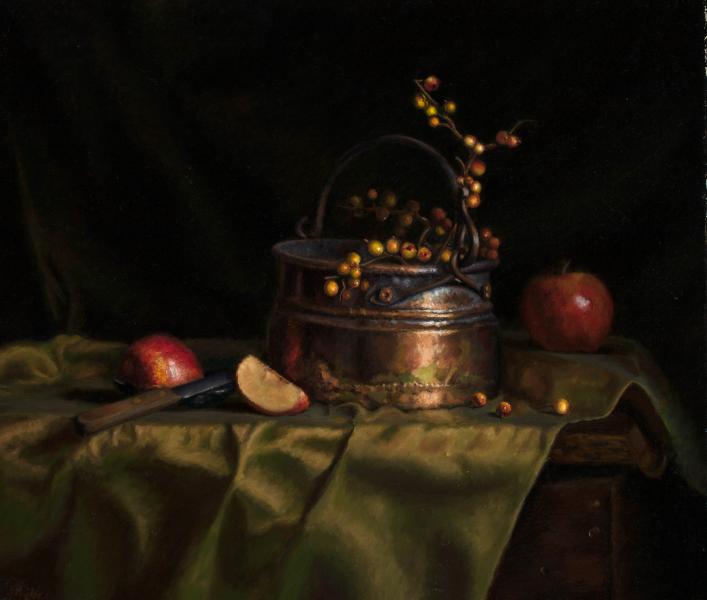 Copper and Apples, oil on canvas, 19 x 22 inches, $2,400 