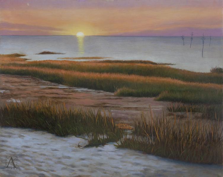 Rock Harbor Sunset, oil on panel, 16 x 20 inches, $3,200 