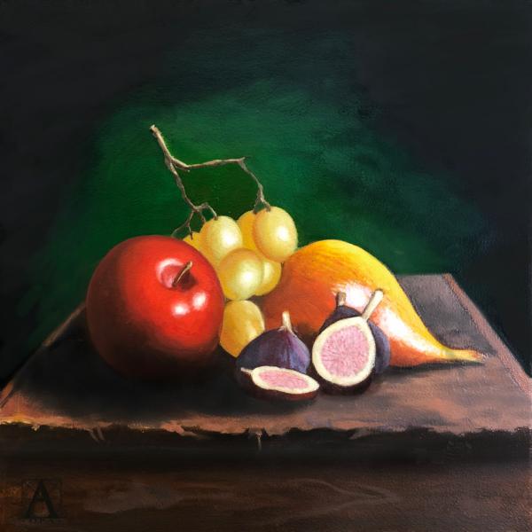 Apple, Pear, Figs, oil on panel, 12 x 12 inches, $1,550 