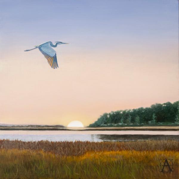 Heron Sunset, oil on panel, 12 x 12 inches, $1,550 