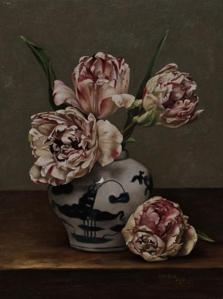 Tulips in Vase, oil on panel, 12 x 9 inches, $1,050 