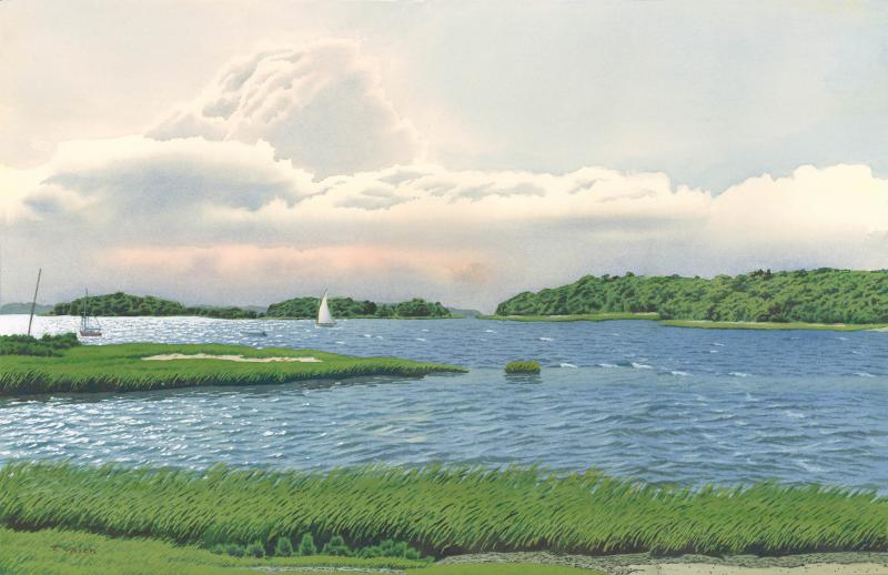 Toby's Island, Monument Beach, Watercolor on Paper, 18 x 29 inches, $4,000 