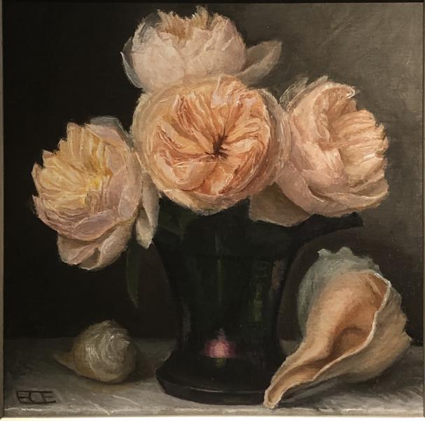 Peach Roses with Shell, oil on panel, 6 x 6 inches, $450 