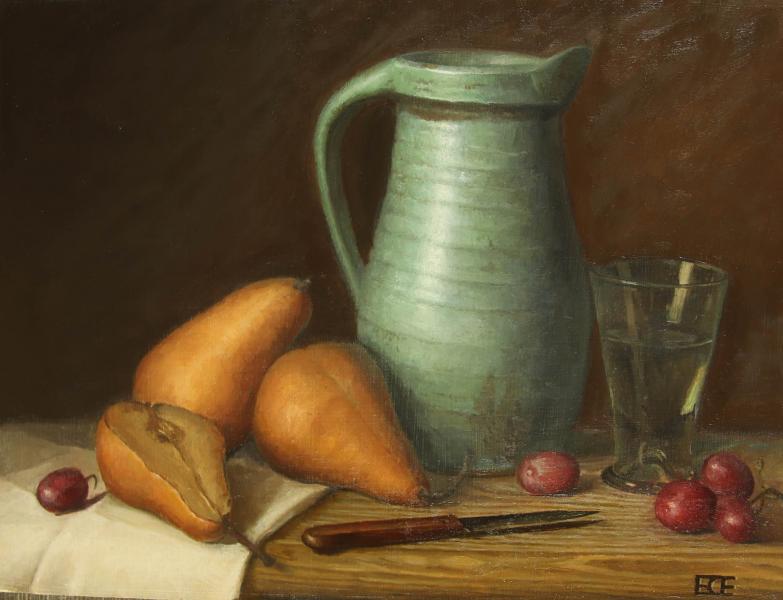 Pears, Grapes and Pitcher, oil on panel, 12 x 16 inches, $1,875 