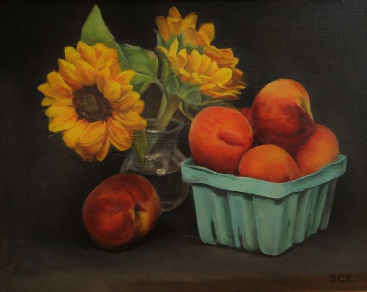 Basket of Peaches and Sunflowers, oil on panel, 11 x 14 inches, $1,275 