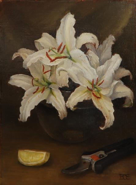 White Lilies with Clippers, oil on panel, 9 x 12 inches, $1,175 