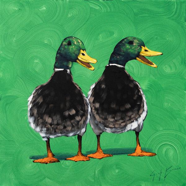 Mallards on Green Swirls, Acrylic on Canvas, 30 x 30 inches, $2,900 