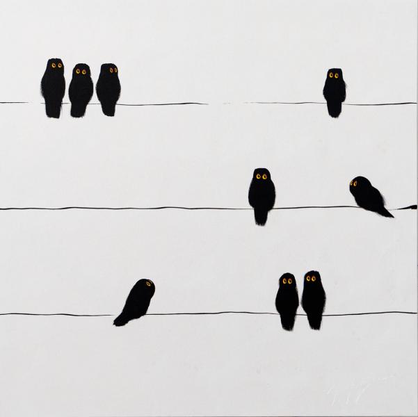 Nine Birds on the Wires on Pearl White, Acrylic on Canvas, 30 x 30 inches, $2,900 