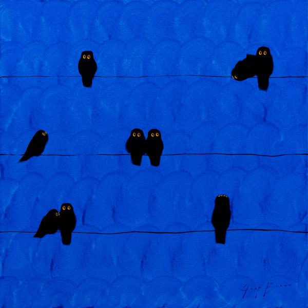 Nine Birds on the Wires on Ultramarine, Acrylic on Canvas, 30 x 30 inches, $2,900 