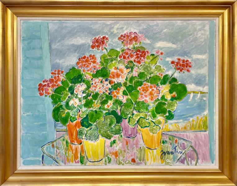 Geraniums on Glass Table, oil on canvas, 30 x 40 inches , $9,500 