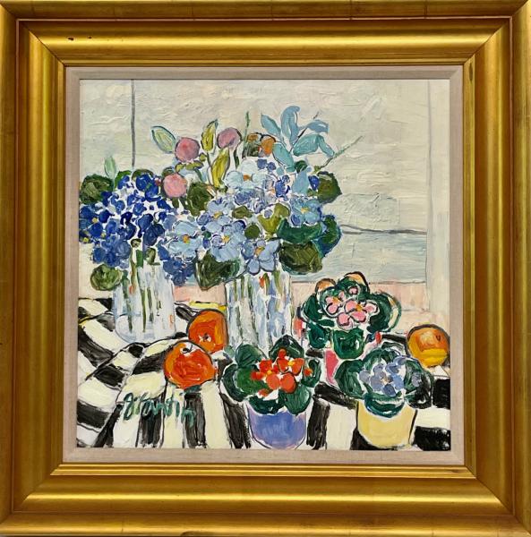 Hydrangeas and Violets, oil on canvas, 18 x 18 inches, $4,500 