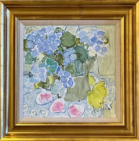 Hydrangeas with Seashells and Lemons, oil on canvas, 16 x 16 inches, $4,000 