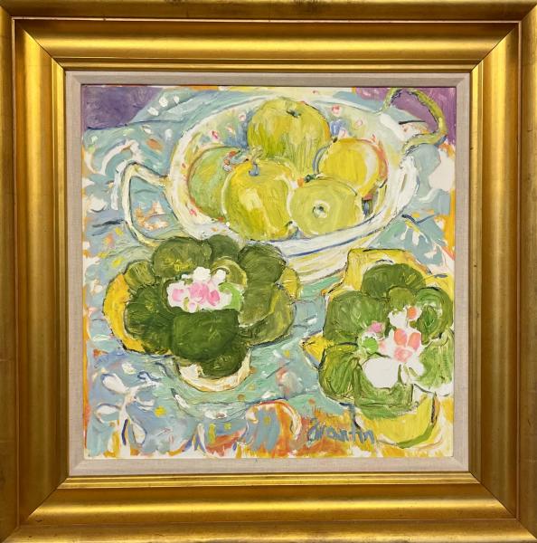 Pink Primrose and Green Apples, oil on canvas, 16 x 16 inches, $4,000 