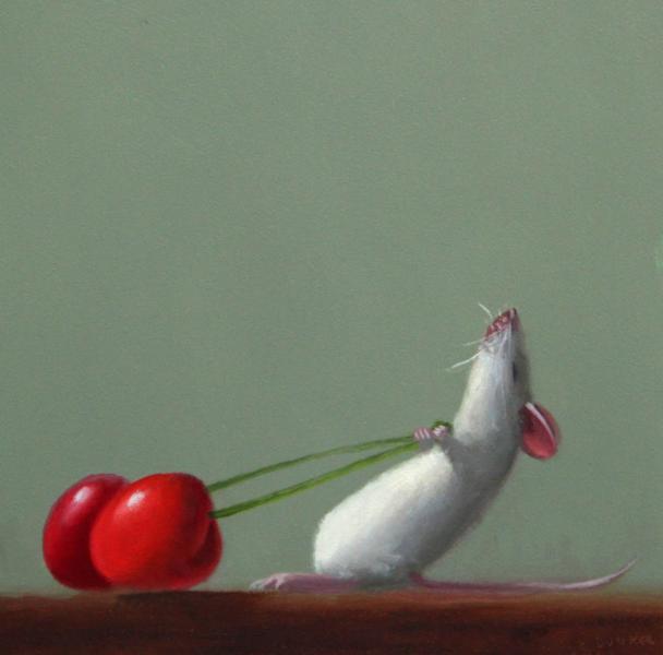 Cherry Collector, oil on panel, 5 x 5 inches, $800 