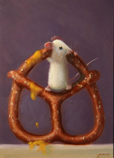 Pretzel Fun, oil on panel, 7 x 5 inches, $800 