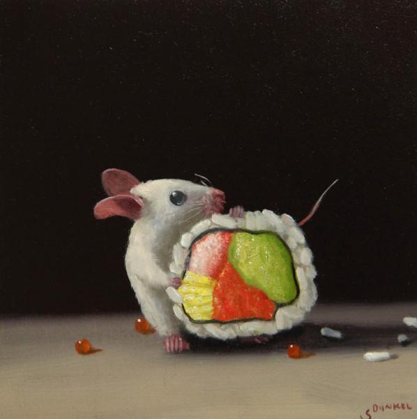 Sushi Thief, oil on panel, 5 x 5 inches   SOLD 